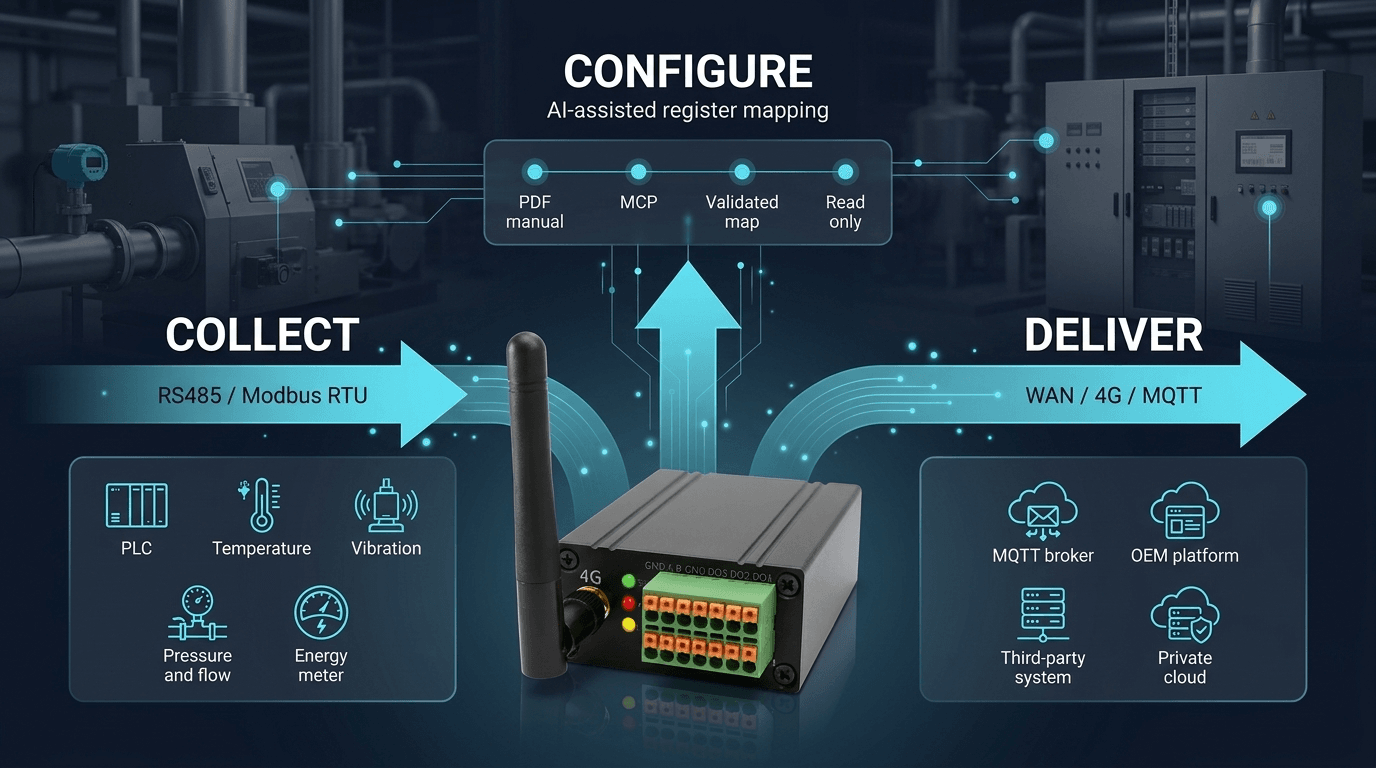 QuickDesk ATU collects Modbus RTU equipment data, configures register mapping with AI, and delivers through 4G and MQTT