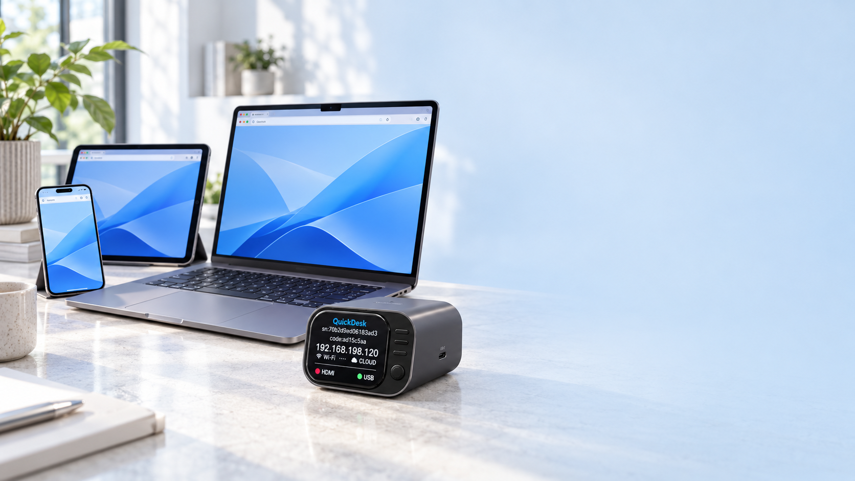 QuickDesk Mini beside a laptop and tablet, with browser screens shown on all three devices